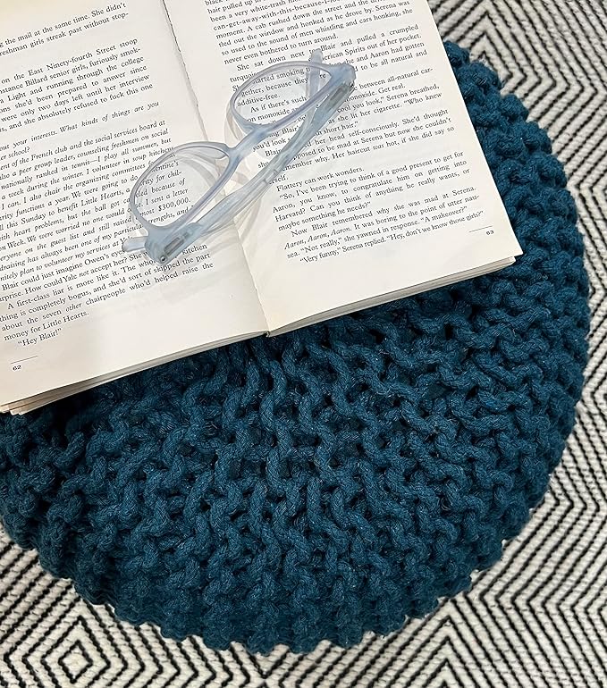 FRELISH DECOR Round Pouf Ottoman Hand Knitted 100% Cotton Pouf Foot Stool - Knitted Bean Bag - Floor Chair for Living Room Bedroom - Foot Rest for Couch (20 Diameter x 14 Height) - Teal