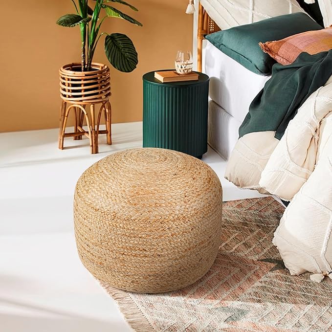 Jute Pouf Ottoman - Briaded Round Boho Pouf Ottoman Foot Rest - Poofs/Ottomans Furniture Decor - Circular Ottomans Pouffe for Bedroom - Poufs for Living Room - (18"x18"x14")