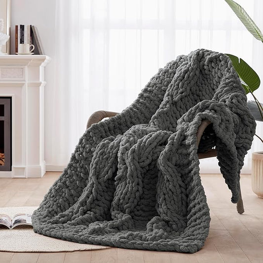 Chunky Knit Blanket Throw - 100% Hand Knitted Chunky Soft Throw Blanket for Couch, Thick and Warm for Winter, Dark Grey, 40x50 Inches