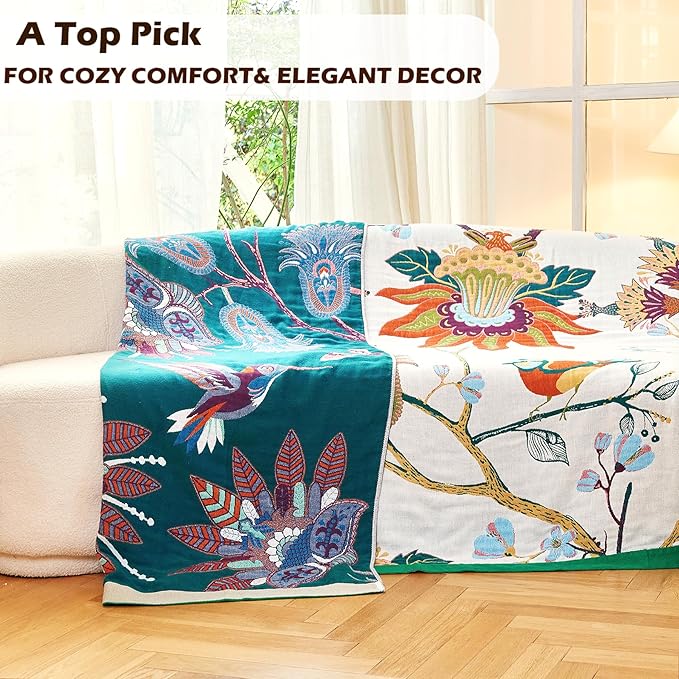 Boho Throw Blanket, 100% Organic Cotton Breathable Skin-Friendly Ultra Soft Bed Quilt Throw - All Season Floral Bird Farmhouse Décor Luxury Blanket for Sofa Couch Chair and Gift. 80" x 90"