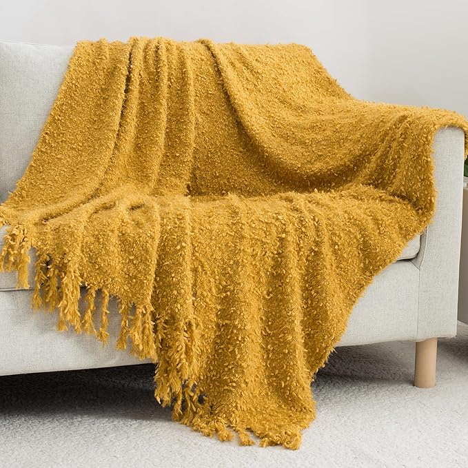 Winter Knit Throw Blanket Fluffy Fuzzy Soft Lightweight Cozy Farmhouse Tassels Chunky Knitted Throws for Couch Sofa Bed (Mustard Yellow, 60"x80")