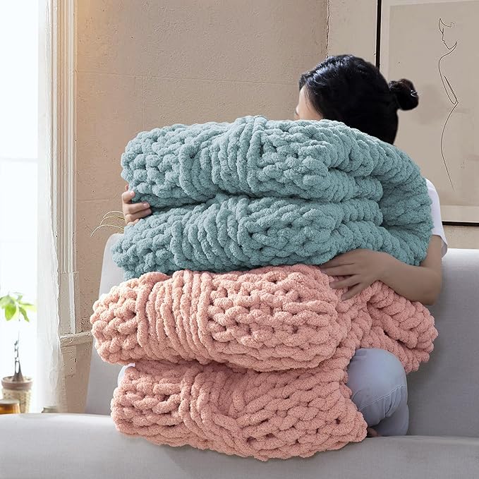 Chunky Knit Blanket Throw - 100% Hand Knitted Chunky Soft Throw Blanket for Couch, Thick and Warm Blanket for Winter, Pink, 50x60 Inches