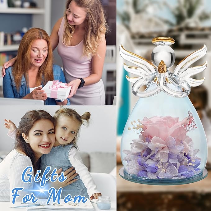 ANLUNOB Preserved Rose Birthday Gifts for Women Mom Grandma Wife, Glass Angel Figurines Gifts with Pretty Flesh Pink Flowers for Anniversary Wedding