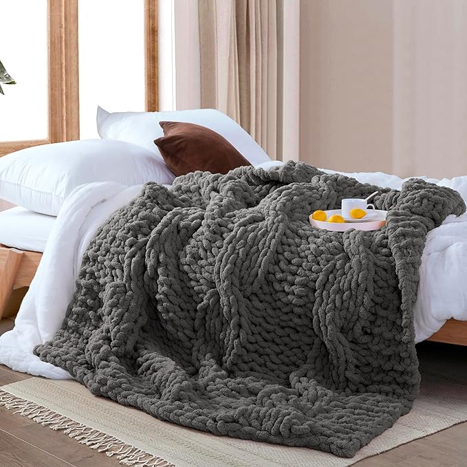 Chunky Knit Blanket Throw - 100% Hand Knitted Chunky Soft Throw Blanket for Couch, Thick and Warm for Winter, Dark Grey, 40x50 Inches