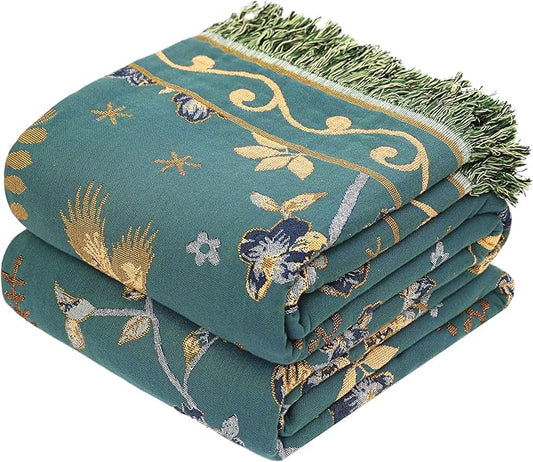 Boho 100% Cotton Large Throw Blanket - All Season Rustic Ultra Soft Breathable Floral Bird Blanket for Bed Sofa Couch Chair Bedspread Quilt Gift, 80" x 90"-Teal/Beige