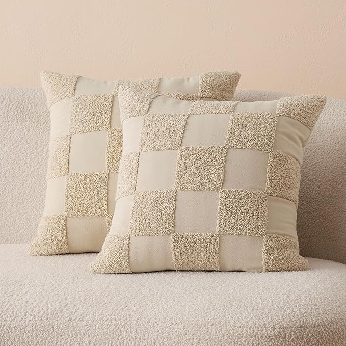 Double Stitch Checkered Throw Pillow Covers - 100% Cotton Set of 2 Tufted Boho Decorative Pillow Covers 18x18, Made in India, Square Cushion Case, Modern Home Decor for Couch, Sofa, Living Room, Oat