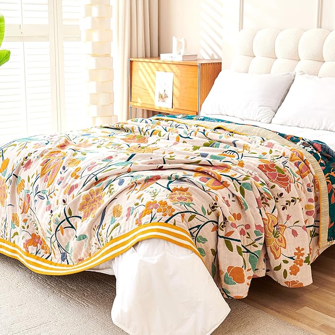Boho Throw Blanket for Bed, 100% Organic Cotton Breathable Ultra Soft 60" x 80" Quilt Throw - All Season Floral Rustic Farmhouse Decor Luxury Reversible Blanket for Sofa Couch Chair and Gift