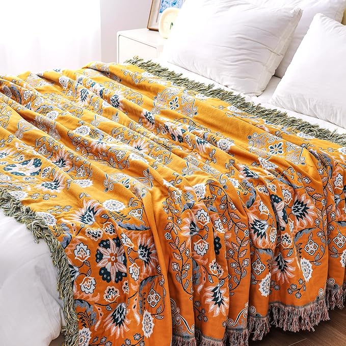 Boho Throw Blanket, 100% Cotton Soft Sofa Bed Queen Throw-Floral Farmhouse Decor Blanket, Reversible Bohemian Yellow Throw for Chair Couch Quilt and Gift, 80" x 90"