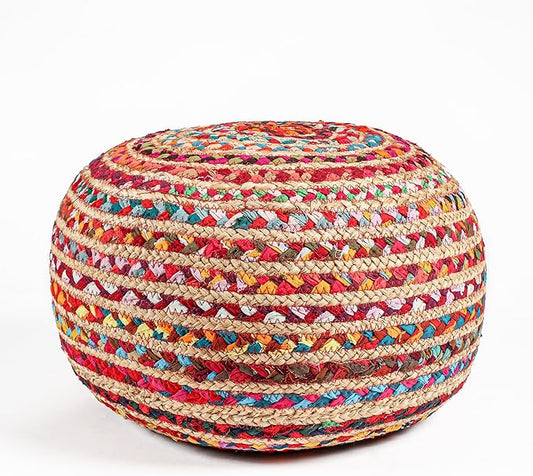Briaded Round Ottoman Pouf - Boho Pouf Ottoman Foot Rest - Poofs/Ottomans Furniture Decor - Poofy Ottoman for Bedroom - Poufs for Living Room Jute and Cotton - (18"x18"x10")