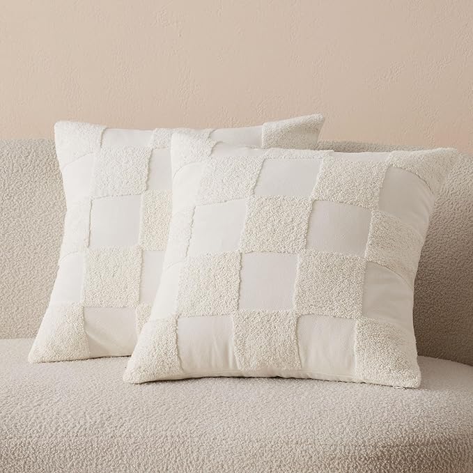 Double Stitch Checkered Throw Pillow Covers - 100% Cotton Set of 2 Tufted Boho Decorative Pillow Covers 18x18, Made in India, Square Cushion Case, Modern Home Decor for Couch, Sofa, Living Room, Cream