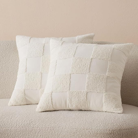 Double Stitch Checkered Throw Pillow Covers - 100% Cotton Set of 2 Tufted Boho Decorative Pillow Covers 18x18, Made in India, Square Cushion Case, Modern Home Decor for Couch, Sofa, Living Room, Cream