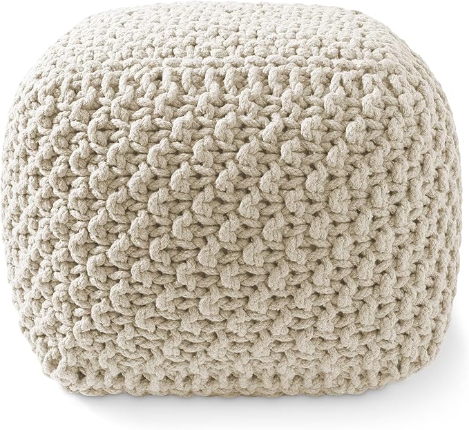 Casafield Square Pouf Ottoman, Natural - 18.5" W x 18.5" D x 14.5" H Cotton Knit Foot Stool - Boho Floor Pouffe for Living Room, Bedroom, Home Office