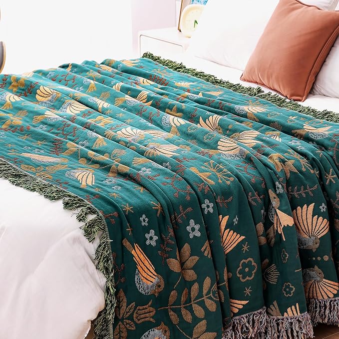 Boho Throw Blanket, 100% Organic Cotton Breathable Ultra Soft 80" x 90" Bed Quilt Throw - Floral Rustic Bird Farmhouse Decor Luxury Reversible Blanket for Sofa Couch Chair and Gift,Teal/Beige
