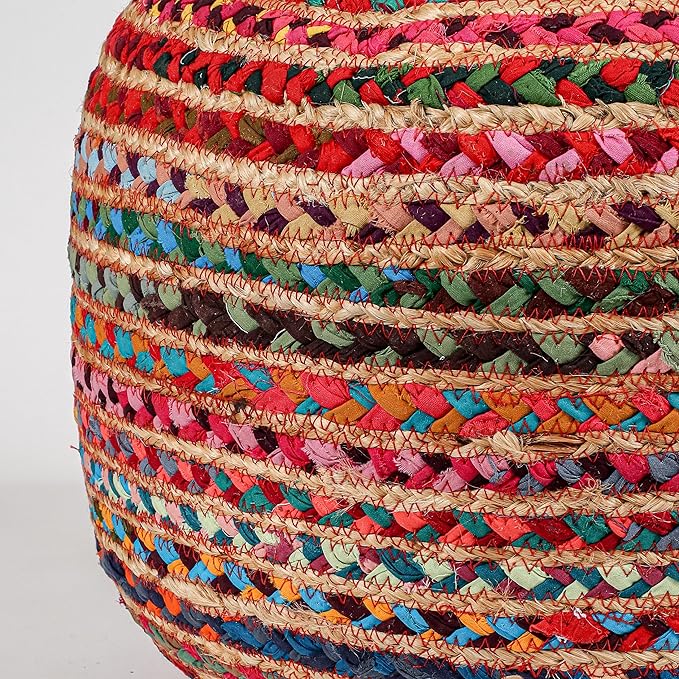 Briaded Round Boho Pouf Ottoman Foot Rest - Poofs/Ottomans Furniture Decor - Circular Ottomans Pouffe for Bedroom - Poufs for Living Room Jute and Cotton - (18"x18"x14")